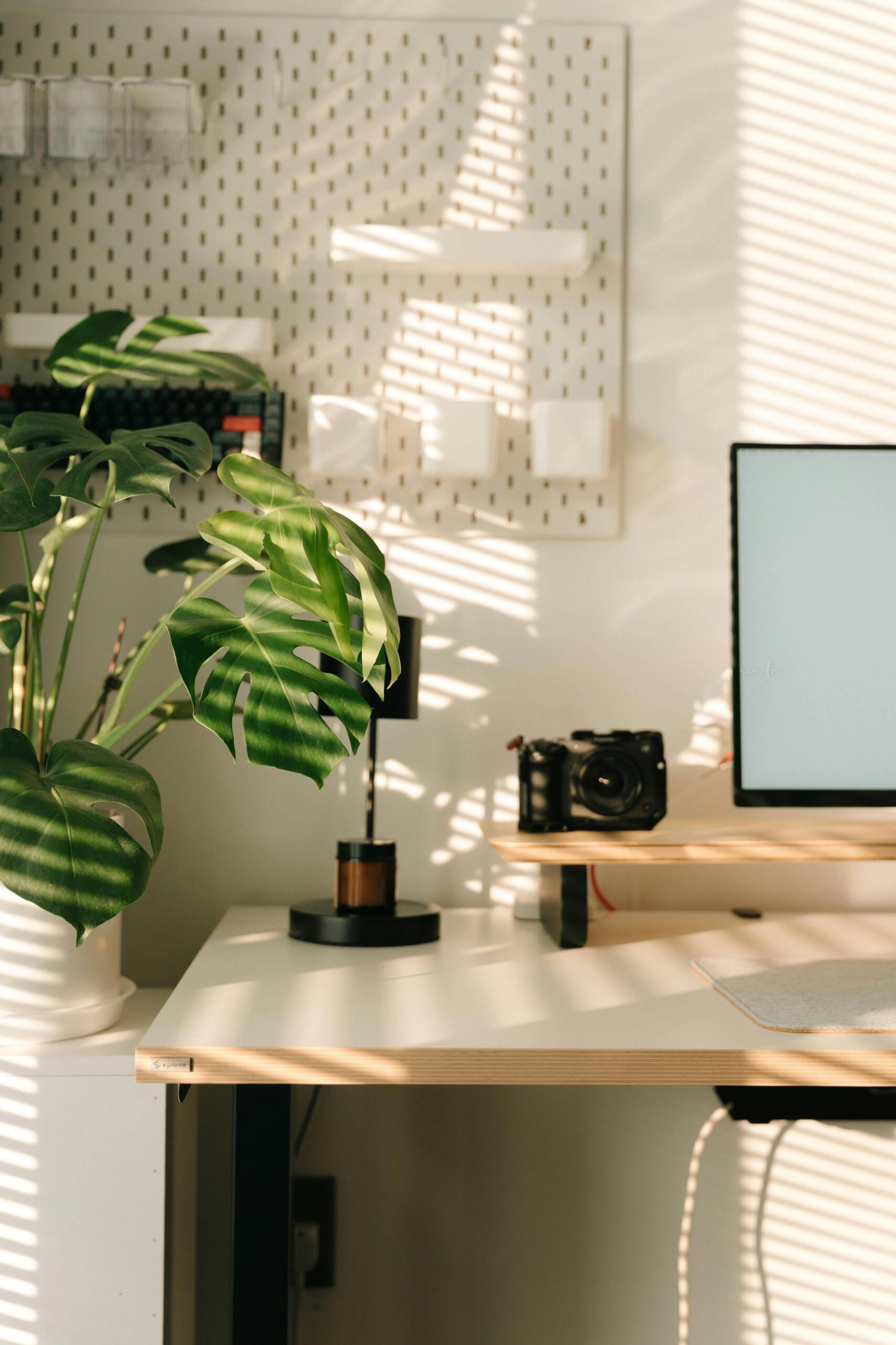 A serene workspace with sunlight, lush plant, modern desk, and tech setup, perfect for minimalistic productivity.